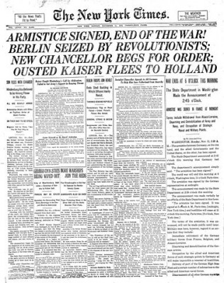 "NYTimes-Page1-11-11-1918". Licensed under Public Domain via Commons - https://commons.wikimedia.org/wiki/File:NYTimes-Page1-11-11-1918.jpg#/media/File:NYTimes-Page1-11-11-1918.jpg