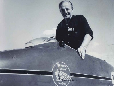 Burt Munro in his homemade 1920 Indian Streamliner that set the 1967 183.586 mph record that still stands today. 